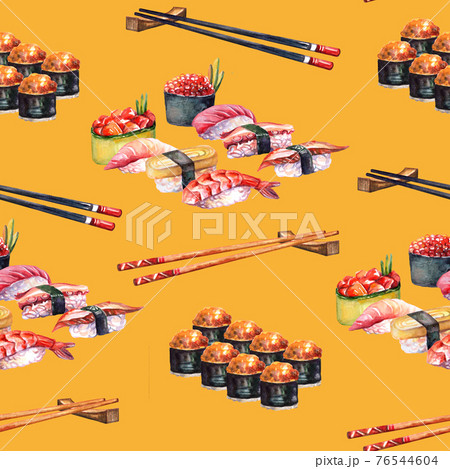 Seamless pattern japanese food on board and chopsticks watercolor Seamless pattern japanese food on board and chopsticks watercolor 76544604