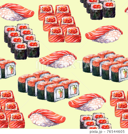 Seamless pattern with japanese food sushi and rolls watercolor green 76544605
