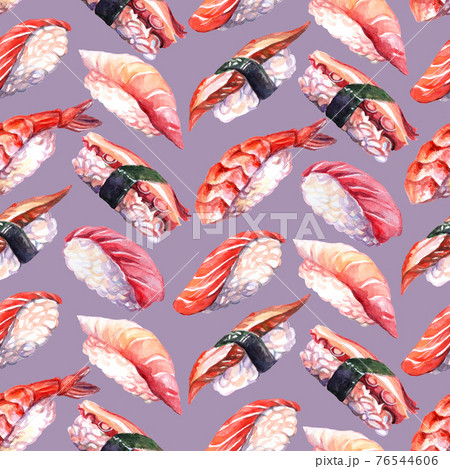 Seamless pattern with japanese food different sushi watercolor purple Seamless pattern with japanese food different sushi watercolor purple 76544606