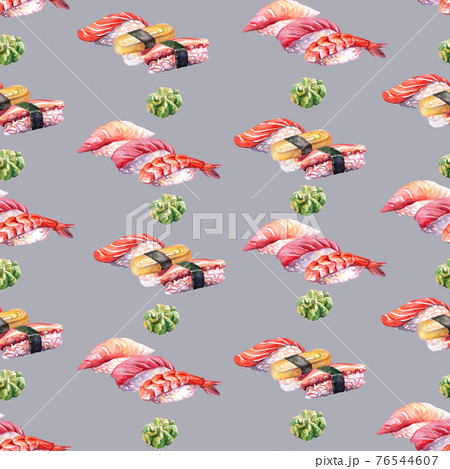 Seamless pattern with japanese food sushi and wasabi watercolor Seamless pattern with japanese food sushi and wasabi watercolor 76544607