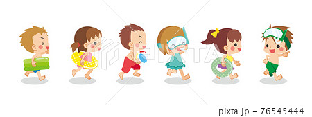 水着を着た可愛い小さな子供たちが友達と走り回っているイラスト 白背景のイラスト素材