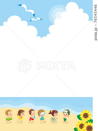 はしゃぎながら海三向かって走っていく可愛い小さな子供たちのイラスト 背景 テンプレートのイラスト素材