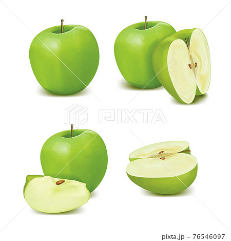 Realistic Detailed 3d Whole and Slice of Green Apple Set. Vector 76546097