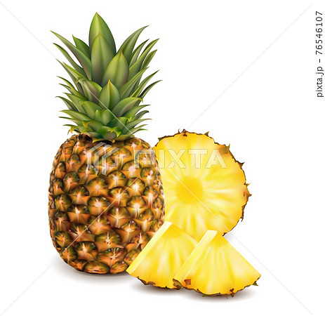 Realistic Detailed 3d Whole and Round Slices Pineapple Set. Vector Realistic Detailed 3d Whole and Round Slices Pineapple Set. Vector 76546107