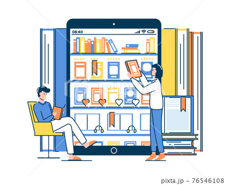 Cartoon Color Characters People and Online Library Concept. Vector 76546108