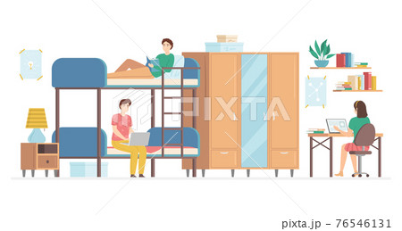 Cartoon Color Characters People and College Dormitory Interior Inside Concept. Vector 76546131