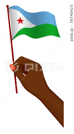 Female hand gently holds small flag of Djibouti. Holiday design element. Cartoon vector on white background