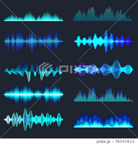 Blue colorful sound waves collection. Analog and digital audio signal. Music equalizer. Interference 76547613