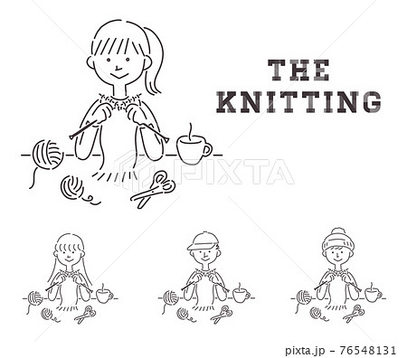毛糸で編み物をする男の子と女の子の線画のシンプルなイラストのイラスト素材
