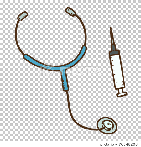 手描きのシンプルな注射器と聴診器のイラスト 主線ありのイラスト素材