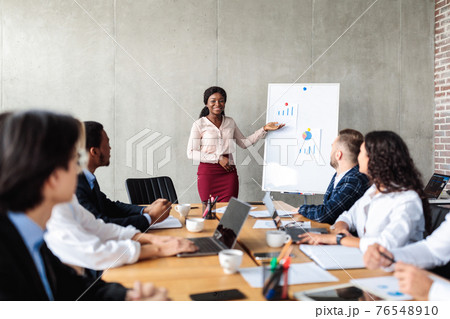 Businesswoman Pointing At Charts On Blackboard During Corporate Meeting Indoor 76548910