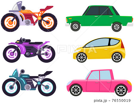 Cars and motorcycles of different types without drivers. Set of modes of transport and shapes Cars and motorcycles of different types without drivers. Set of modes of transport and shapes 76550019
