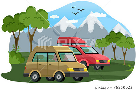 Cars for family travel are in forest at foot of mountain. Travel by car, automobile tourism Cars for family travel are in forest at foot of mountain. Travel by car, automobile tourism 76550022