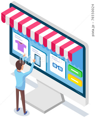 Man using application for buying and ordering goods via Internet. Monitor with sales website 76550024