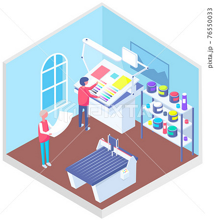 People working with equipment and shelving with paints. Office technique vector illustration People working with equipment and shelving with paints. Office technique vector illustration 76550033