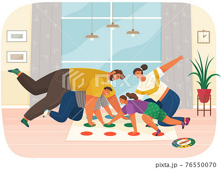 Cheerful family plays twister. People with game on floor spend time in room for trainings 76550070