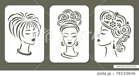 Set of stencils with women faces. Carved panels with beautiful girls heads, full face, profile. Different hairstyles. Vector layout for plotter laser cutting of paper, cardboard, plastic, plywood, cnc Set of stencils with women faces. Carved panels with beautiful girls heads, full face, profile. Different hairstyles. Vector layout for plotter laser cutting of paper, cardboard, plastic, plywood, cnc 76550646
