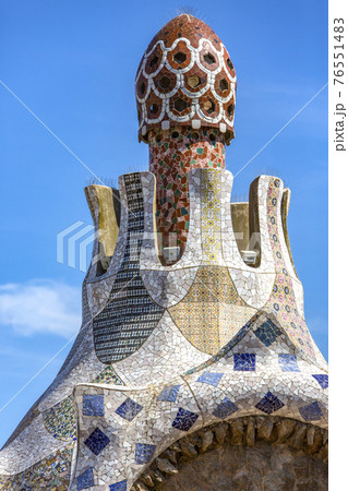 Mosaic chimney design - Parc Guell - Barcelona 76551483