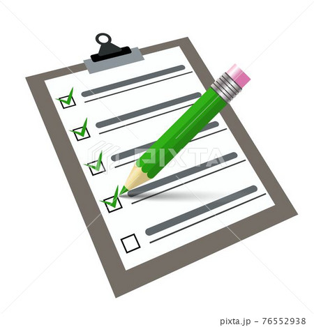 Vector checklist with pen writing on a clipboard. Signs contract document. Green pen and green tick on clipboard in a 3d style. To do list concept. Business financial or contract agreement. 76552938