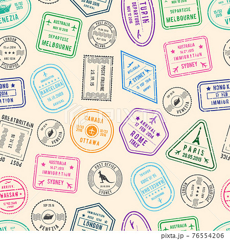pattern or background illustration with post and immigration stamps from different countries 76554206