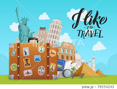 concept illustration with worldwide sights dropping from suitcase on sky background with lettering 76554243