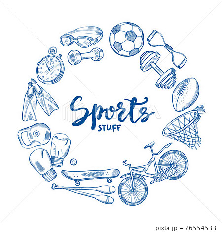hand drawn sports tools circle concept with lettering in center 76554533