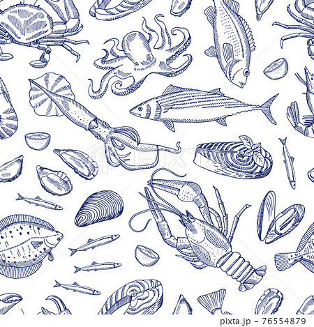 hand drawn contoured seafood elements pattern 76554879