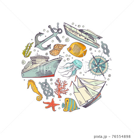 sketched sea elements circle concept illustration 76554898