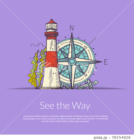 Sea navigation lighthouse and wind rose 76554926