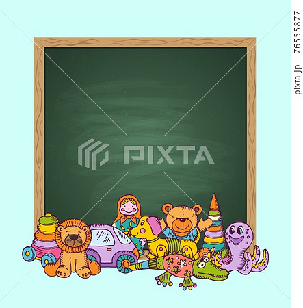 green chalkboard illustration with place for textand pile of kid toys hand drawn and colored 76555877