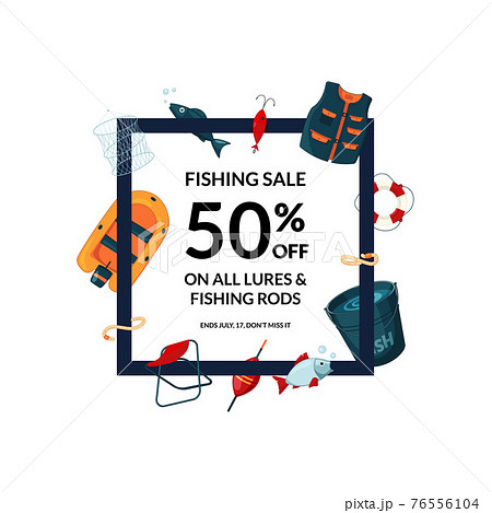 frame with cartoon fishing equipment illustration frame with cartoon fishing equipment illustration 76556104