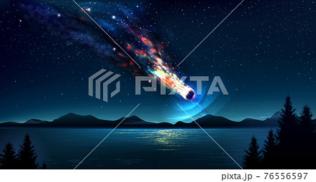 Falling comet in the night blue sky 76556597