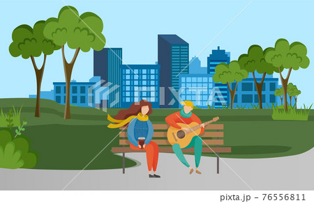 Man singing and playing guitar to girl drinking coffee. People in love resting in park together 76556811