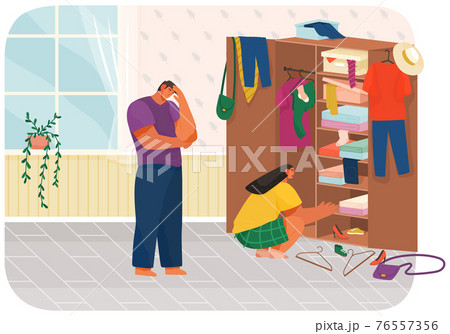 Family doing housework, couple man and woman clean house, putting clothes in wardrobe or closet 76557356