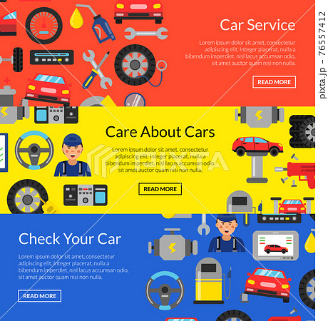 horizontal web banners illustration with flat style car service elements horizontal web banners illustration with flat style car service elements 76557412