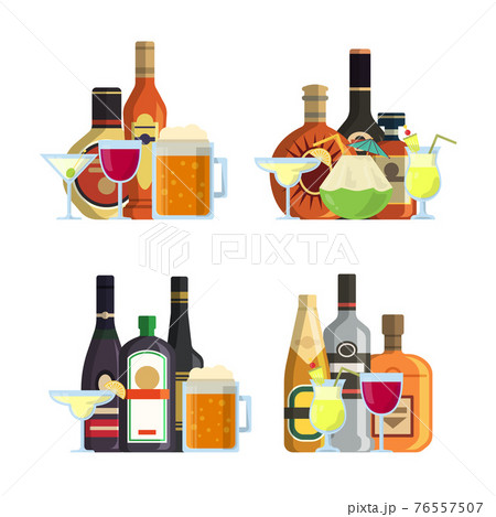 piles of alcoholic drinks in glasses and bottles in flat style set 76557507