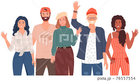 People greeting gesture. Different nations representatives waving hand saying hello 76557554