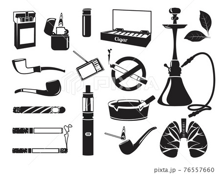 Monochrome pictures of hookah, tobacco leaves, cigars cigarettes and other tools for smokers 76557660