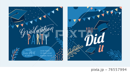 Graduation party vector background, dark invite card template. You did it text quote. Graduate design with cap, flags, plants, dots, organic shapes. Modern art minimalist style. Back and front side Graduation party vector background, dark invite card template. You did it text quote. Graduate design with cap, flags, plants, dots, organic shapes. Modern art minimalist style. Back and front side 76557994