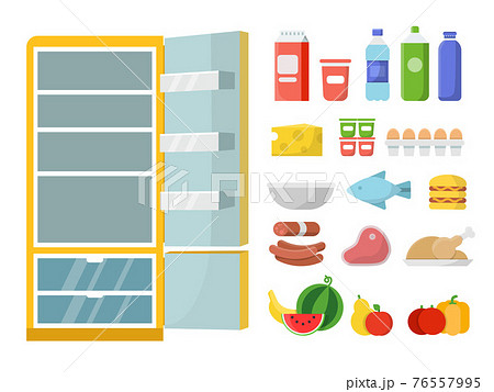 Empty refrigerator and different food. flat illustrations 76557995