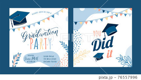 Graduation party vector background, light invite card template. You did it text quote. Graduate design with cap, flags, plants, dots, organic shapes. Modern art minimalist style. Back and front side Graduation party vector background, light invite card template. You did it text quote. Graduate design with cap, flags, plants, dots, organic shapes. Modern art minimalist style. Back and front side 76557996