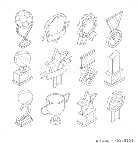 Linear isometric icon set of various sport trophies Linear isometric icon set of various sport trophies 76558151