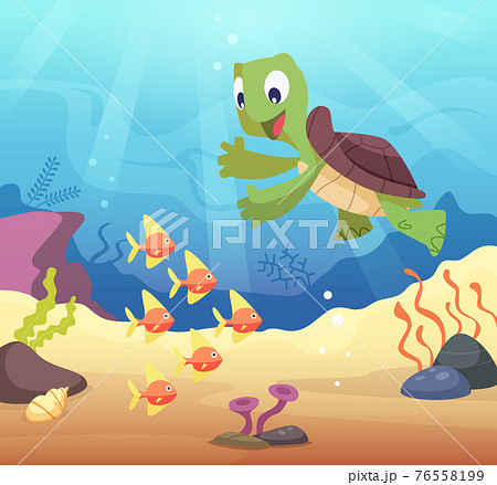 Sea underwater background with cartoon turtle 76558199