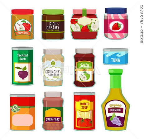 Jars with canned fruits and others different goods. pictures in flat style Jars with canned fruits and others different goods. pictures in flat style 76558701