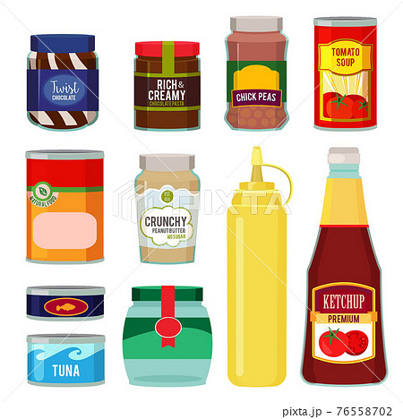 Illustrations of canned goods. Conservation of tomato, fish, vegetables and other foods 76558702