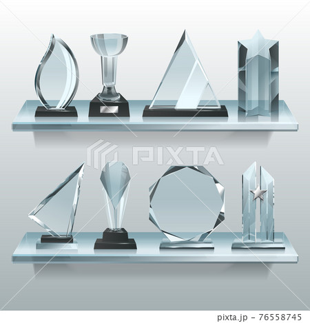 Collections of trophies, awards and winner cups on shelf of glass 76558745