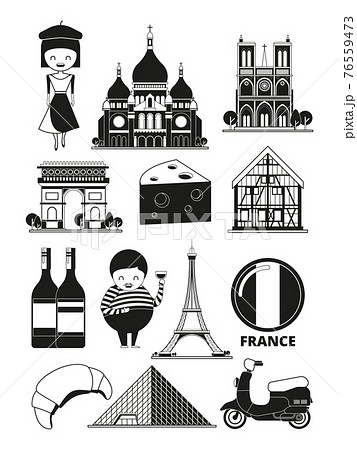 Monochrome illustrations of french landmarks. pictures in cartoon style Monochrome illustrations of french landmarks. pictures in cartoon style 76559473