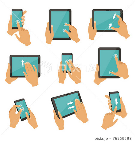 Illustrations of gestures to control different devices tablets and smartphones 76559598