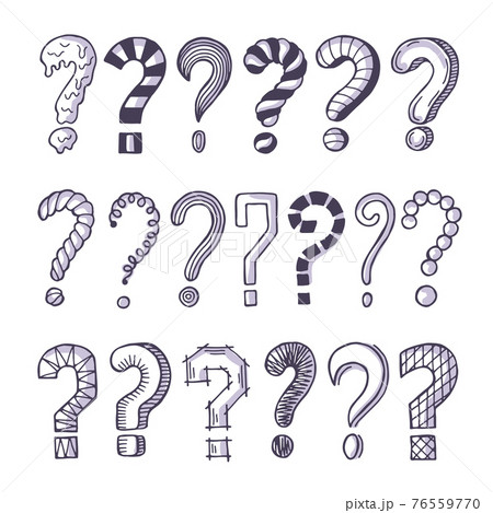 Monochrome pictures set of question marks. Doodle pictures isolate on white Monochrome pictures set of question marks. Doodle pictures isolate on white 76559770