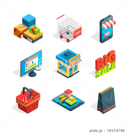 Isometric icon set of online shopping. Symbols of ecommerce. Buying in internet Isometric icon set of online shopping. Symbols of ecommerce. Buying in internet 76559796